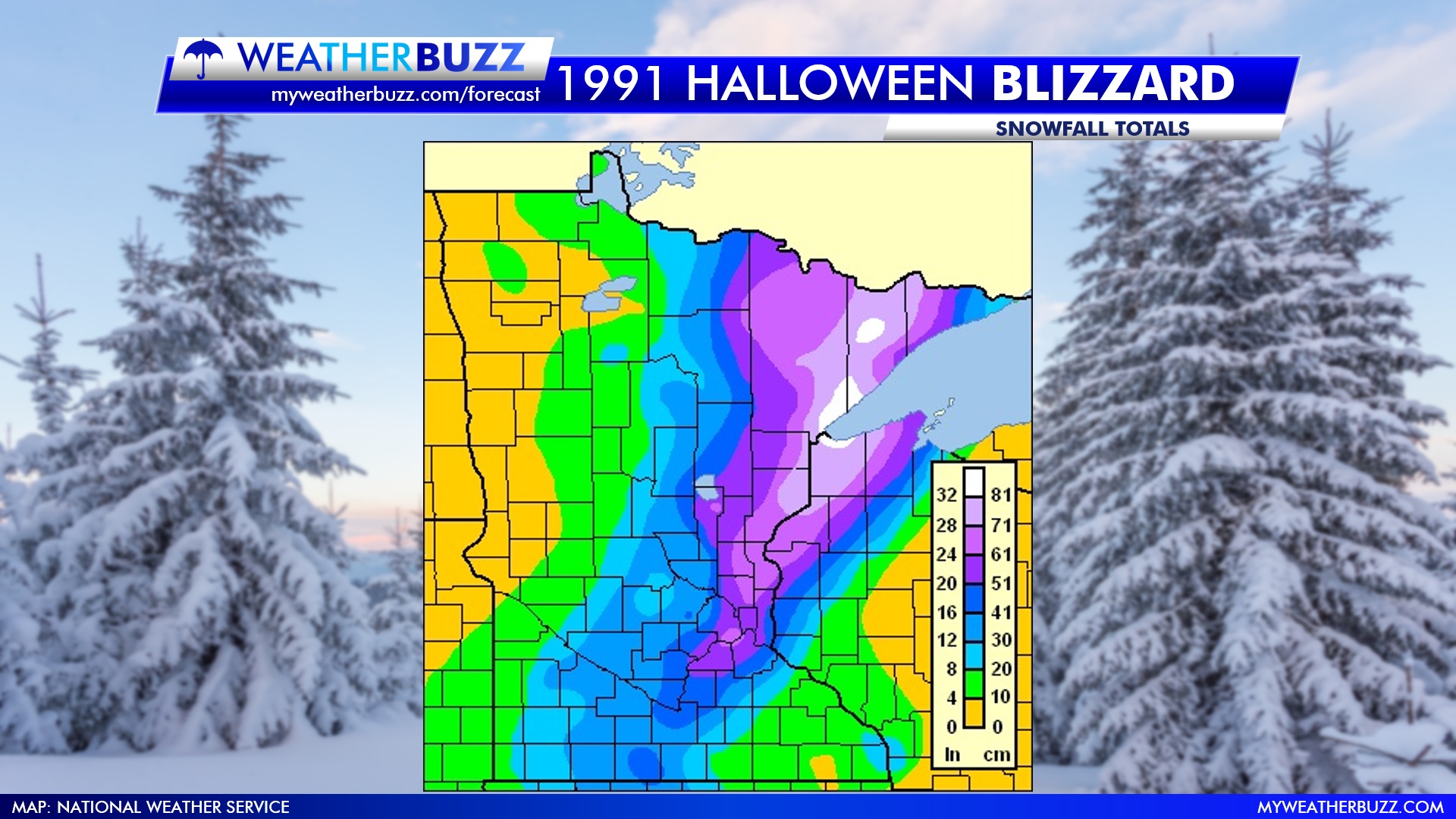Snowfall totals from the Halloween Blizzard of 1991