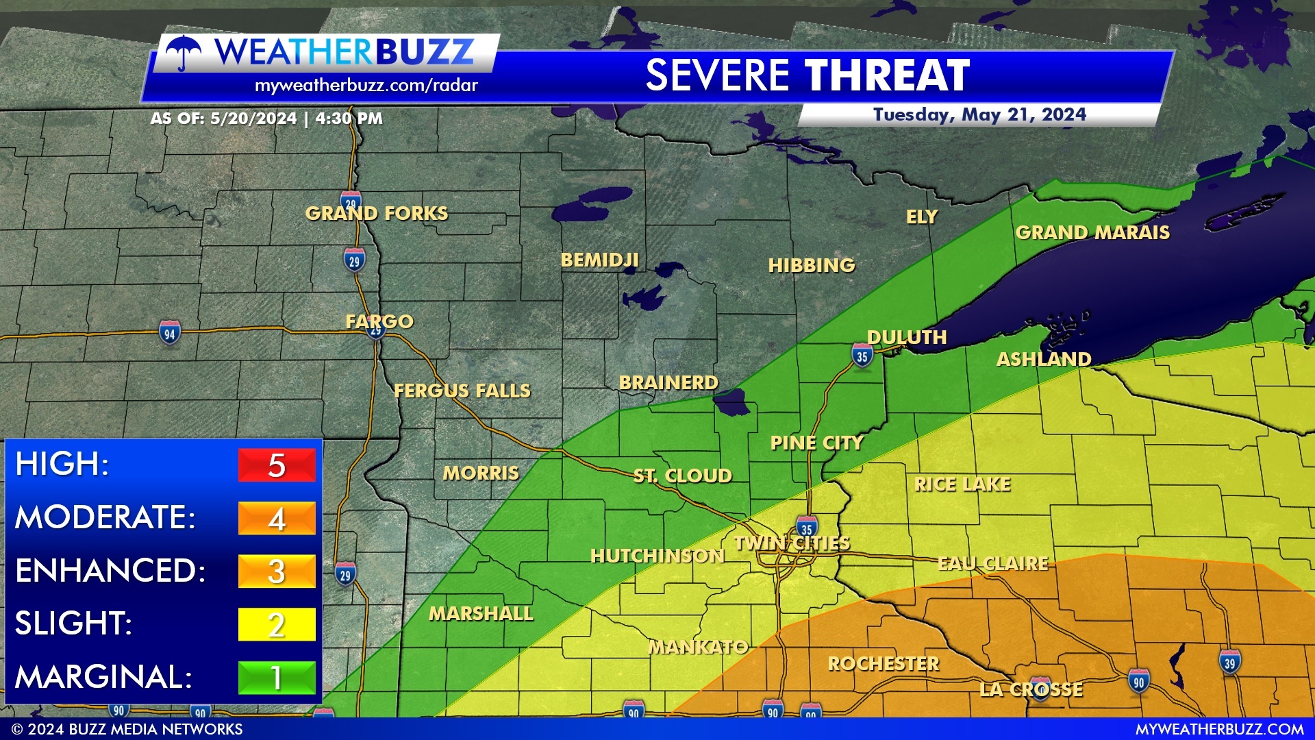 Severe Threat Outlook for Tuesday as of Monday Evening